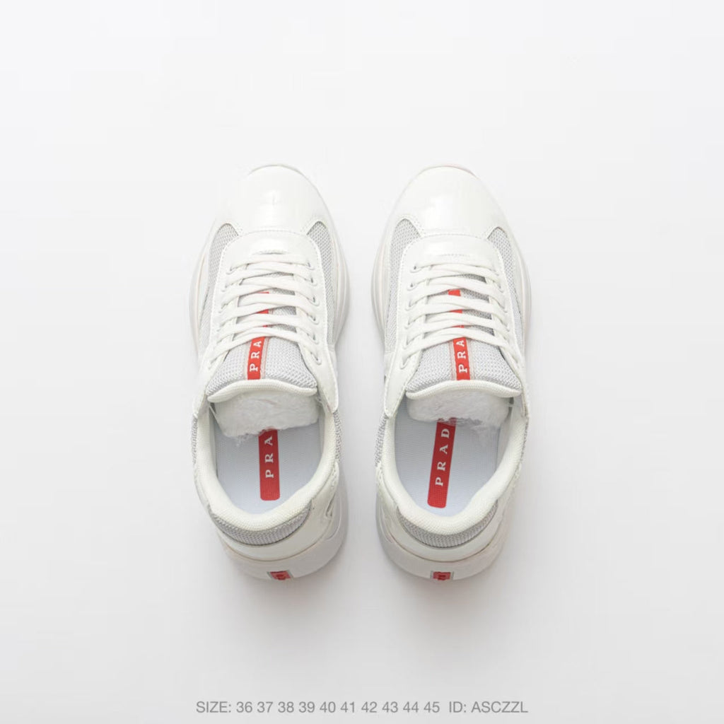 Prada America's Cup Low Top Sneakers  Leather Mesh Casual Walking Shoes Unisex Off White & Silver
