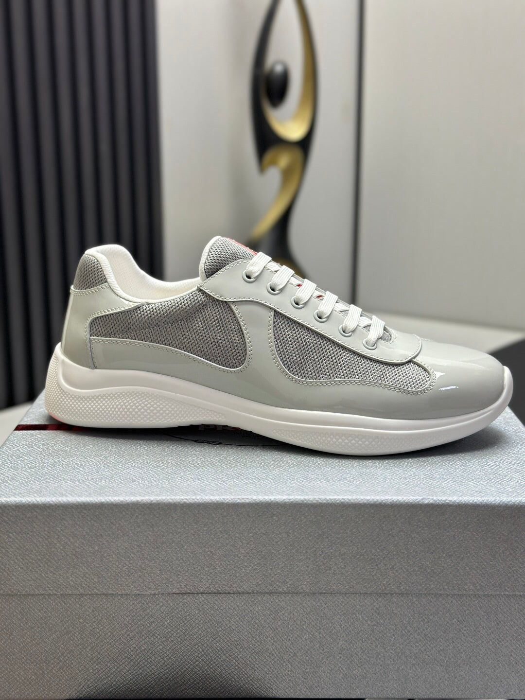 Prada America's Cup Low Top Sneakers  Leather Mesh Casual Walking Shoes Unisex Light Gray & Silver
