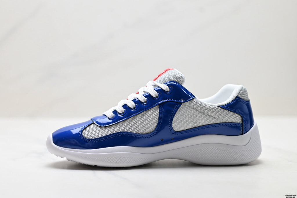 Prada America's Cup Low Top Sneakers  Leather Mesh Casual Walking Shoes Unisex Aviation Blue / Silver