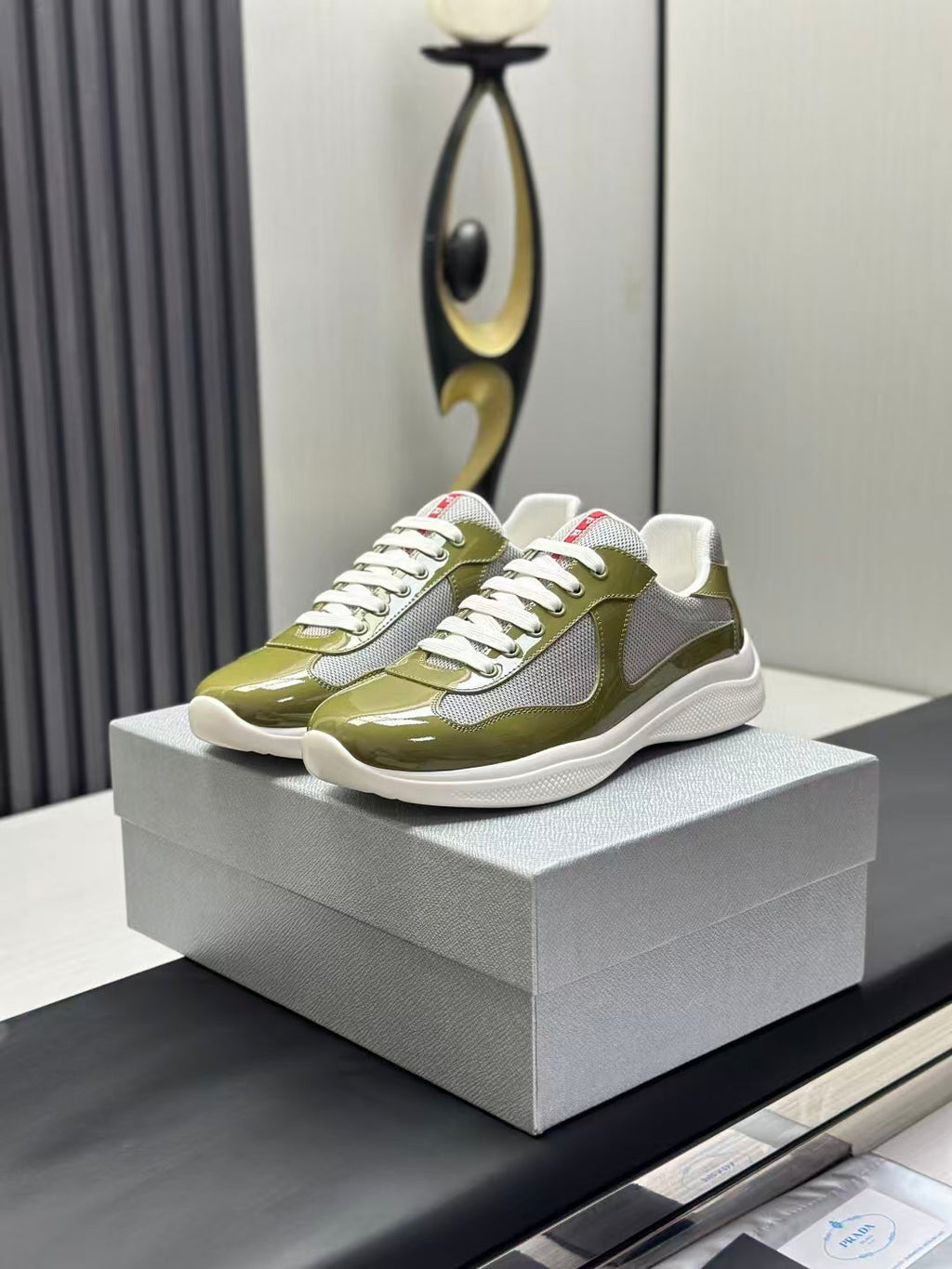 Prada America's Cup Low Top Sneakers  Leather Mesh Casual Walking Shoes Unisex green & Silver
