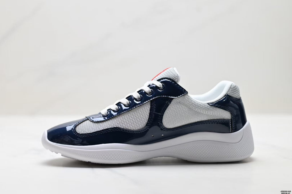 Prada America's Cup Low Top Sneakers  Leather Mesh Casual Walking Shoes Navy Blue & Silver