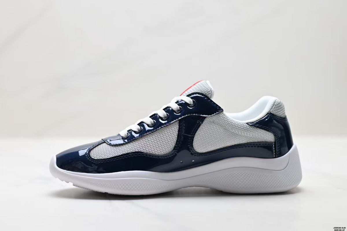 Prada America's Cup Low Top Sneakers  Leather Mesh Casual Walking Shoes Navy Blue & Silver