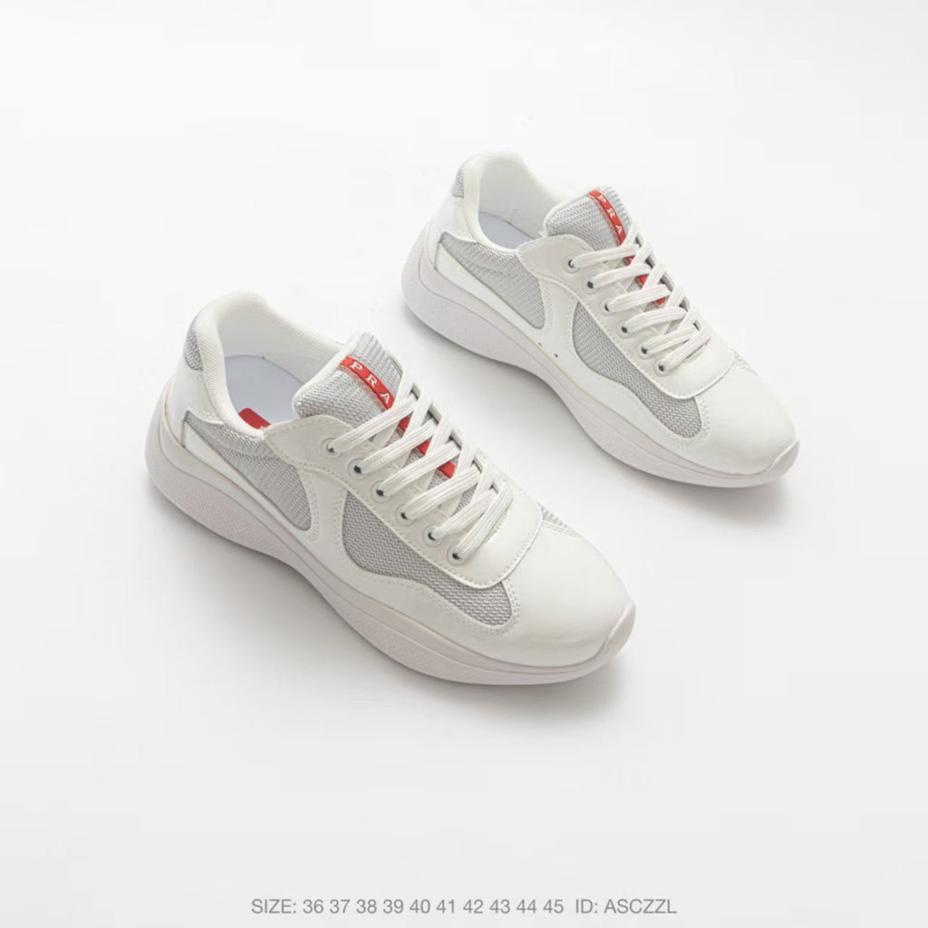 Prada America's Cup Low Top Sneakers  Leather Mesh Casual Walking Shoes Unisex Off White & Silver