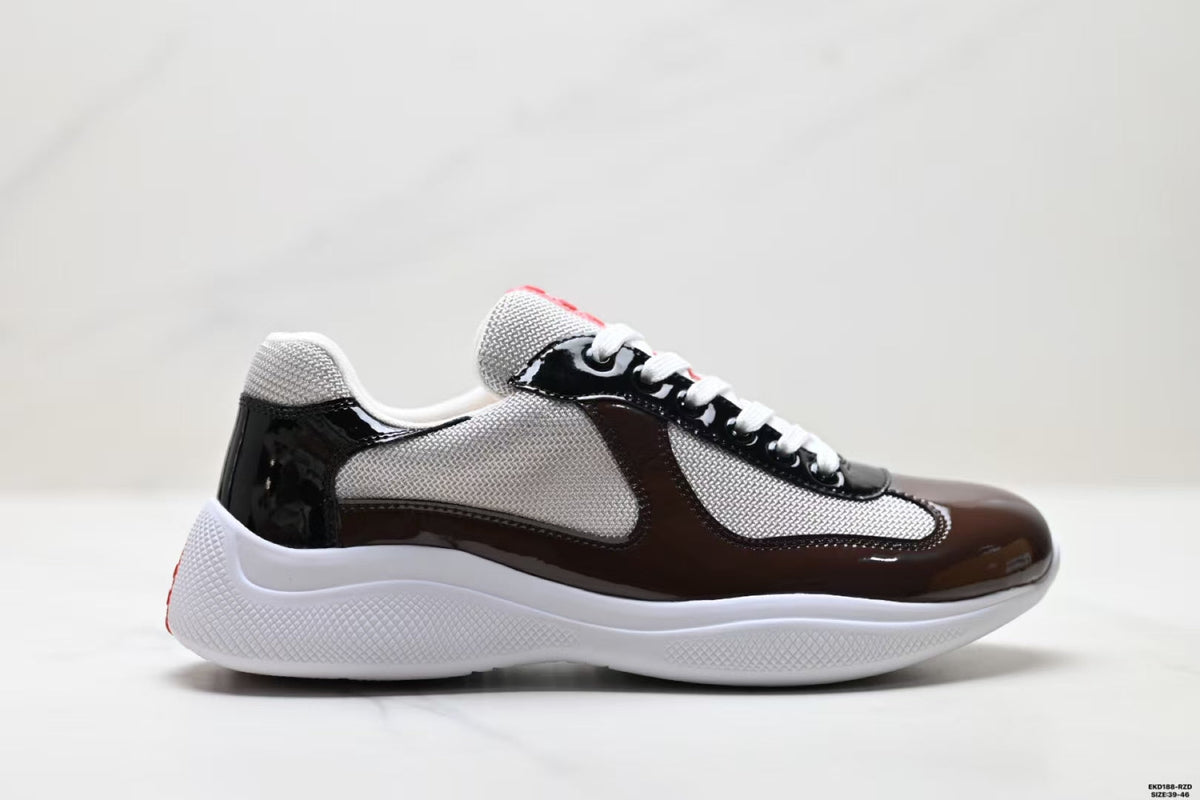 Prada America's Cup Low Top Sneakers  Leather Mesh Casual Walking Shoes Unisex Chocolate Brown & Black Silver