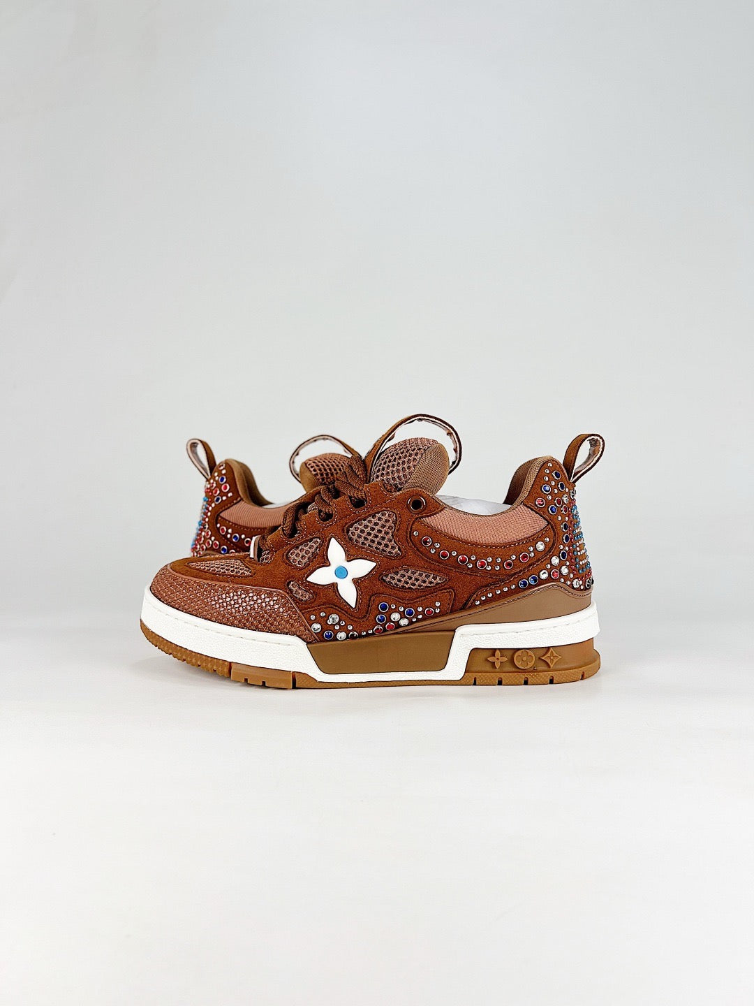 LV Skate Sneaker  Crystal Embellished Casual Shoes Unisex Brown gemstone with diamond inlay