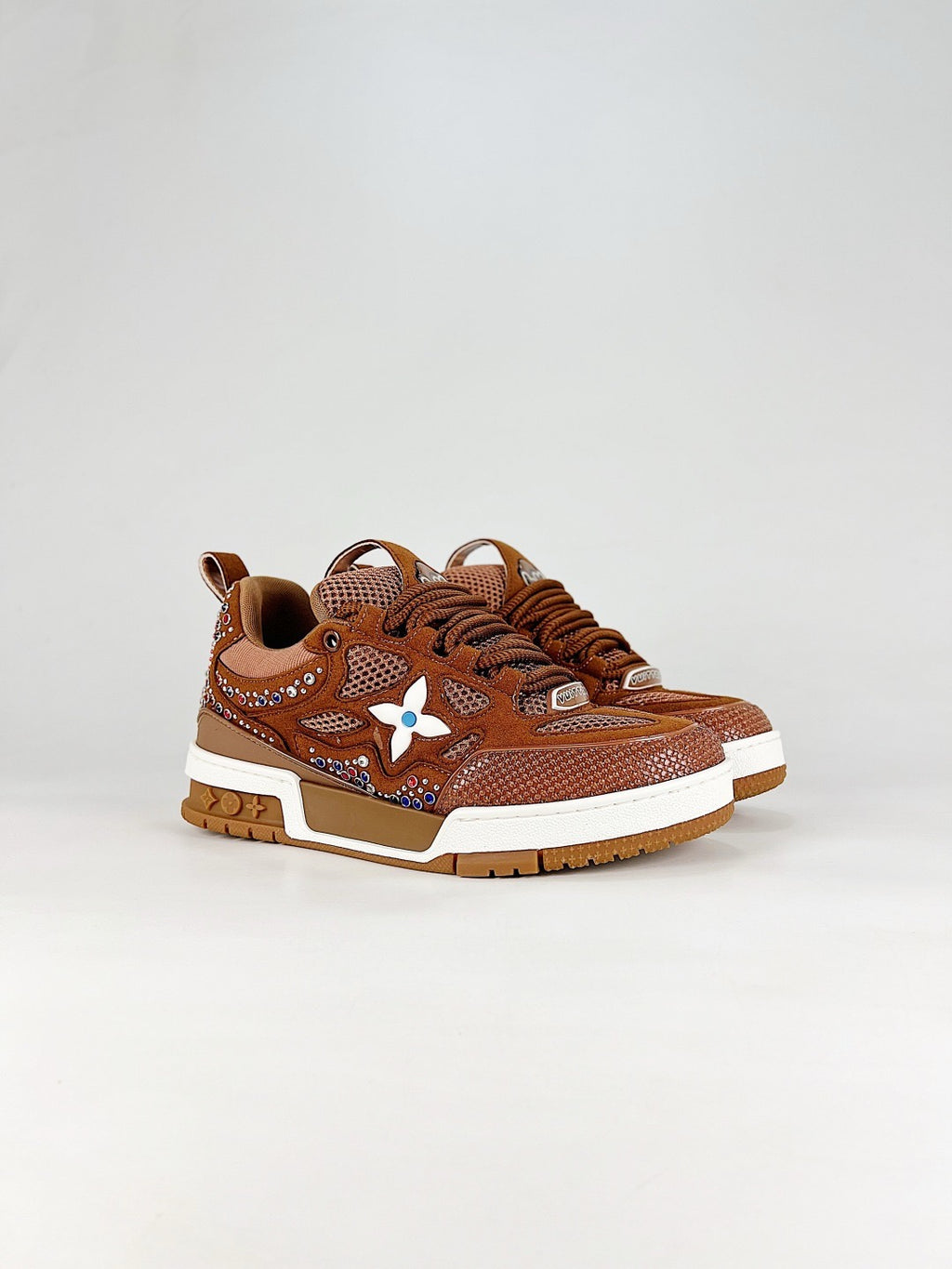 LV Skate Sneaker  Crystal Embellished Casual Shoes Unisex Brown gemstone with diamond inlay