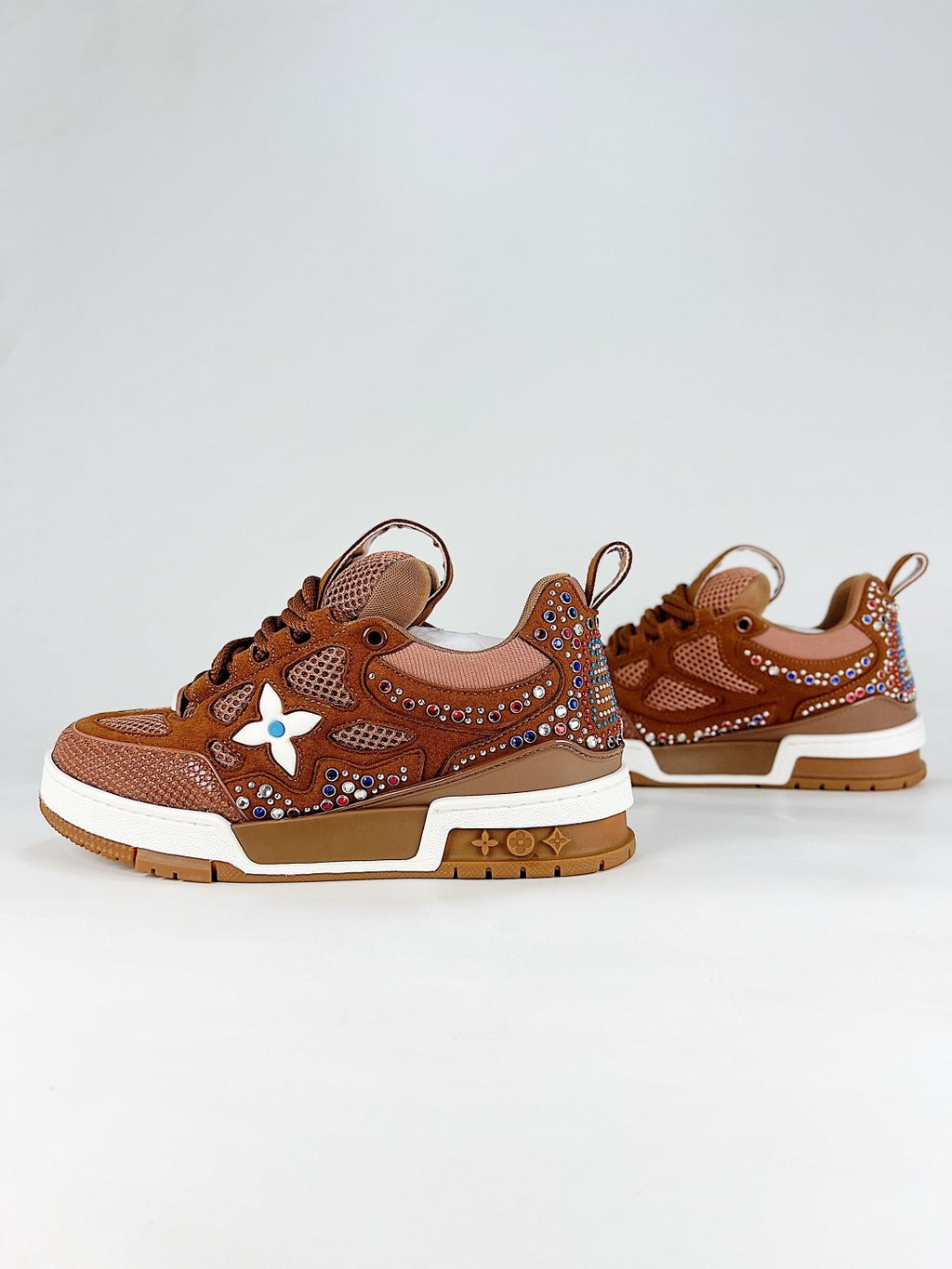 LV Skate Sneaker  Crystal Embellished Casual Shoes Unisex Brown gemstone with diamond inlay