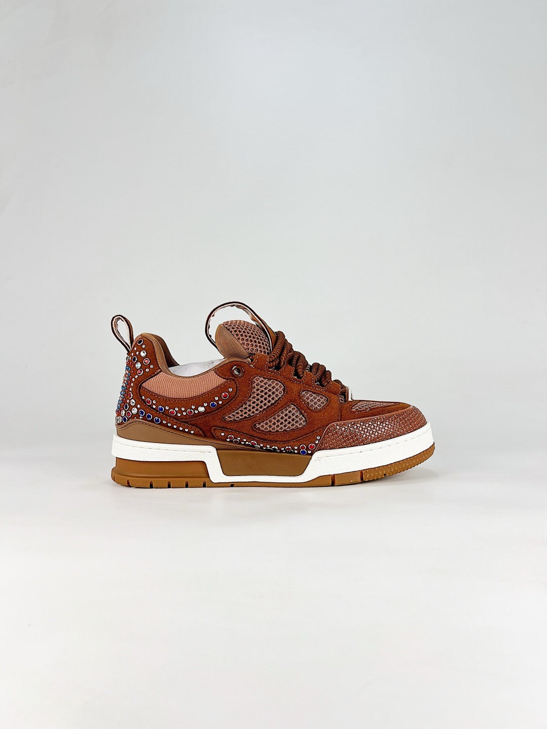 LV Skate Sneaker  Crystal Embellished Casual Shoes Unisex Brown gemstone with diamond inlay