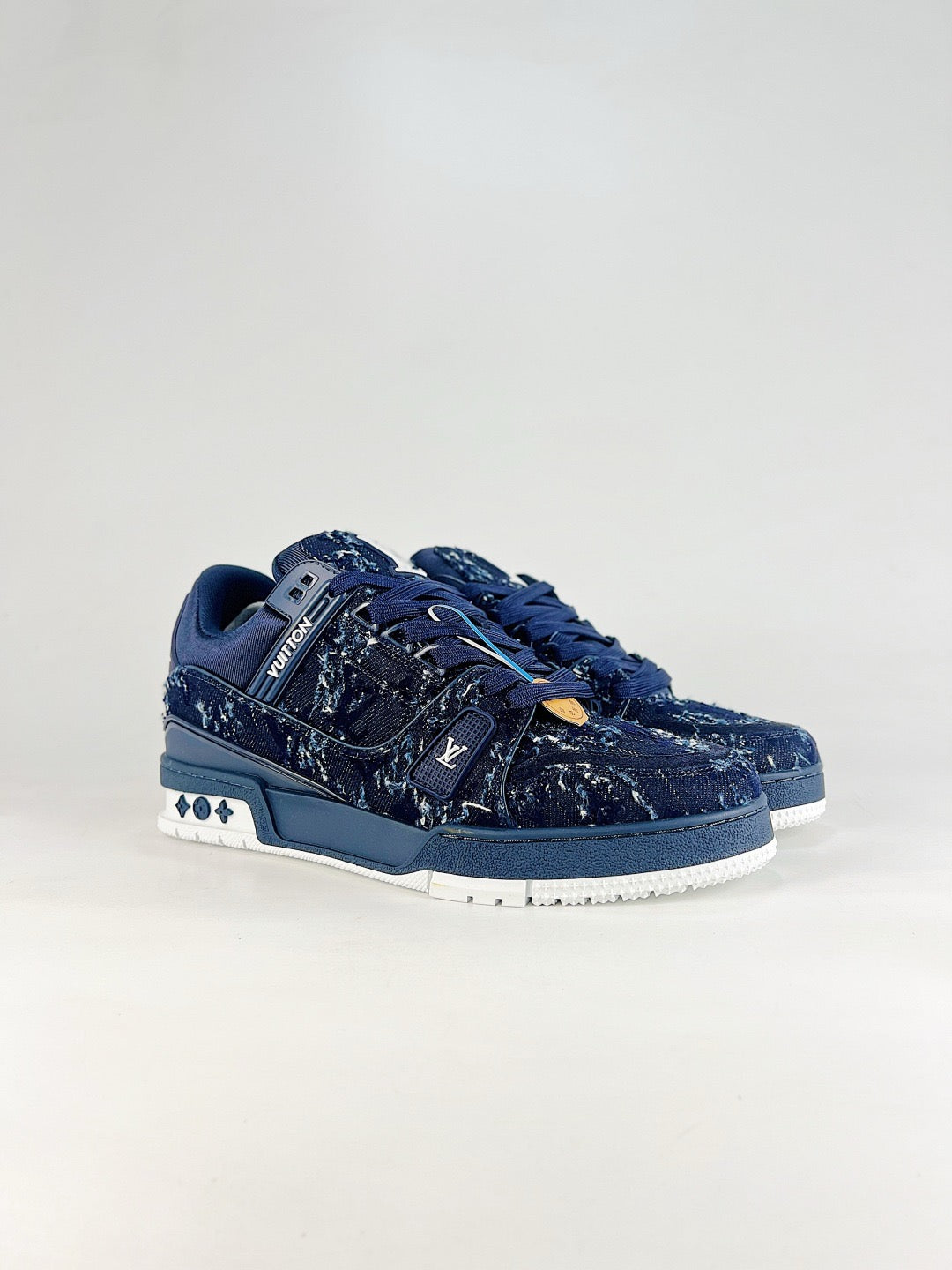 LV Skate Sneaker  Crystal Embellished Casual Shoes Unisex Blue Vintage Denim Style