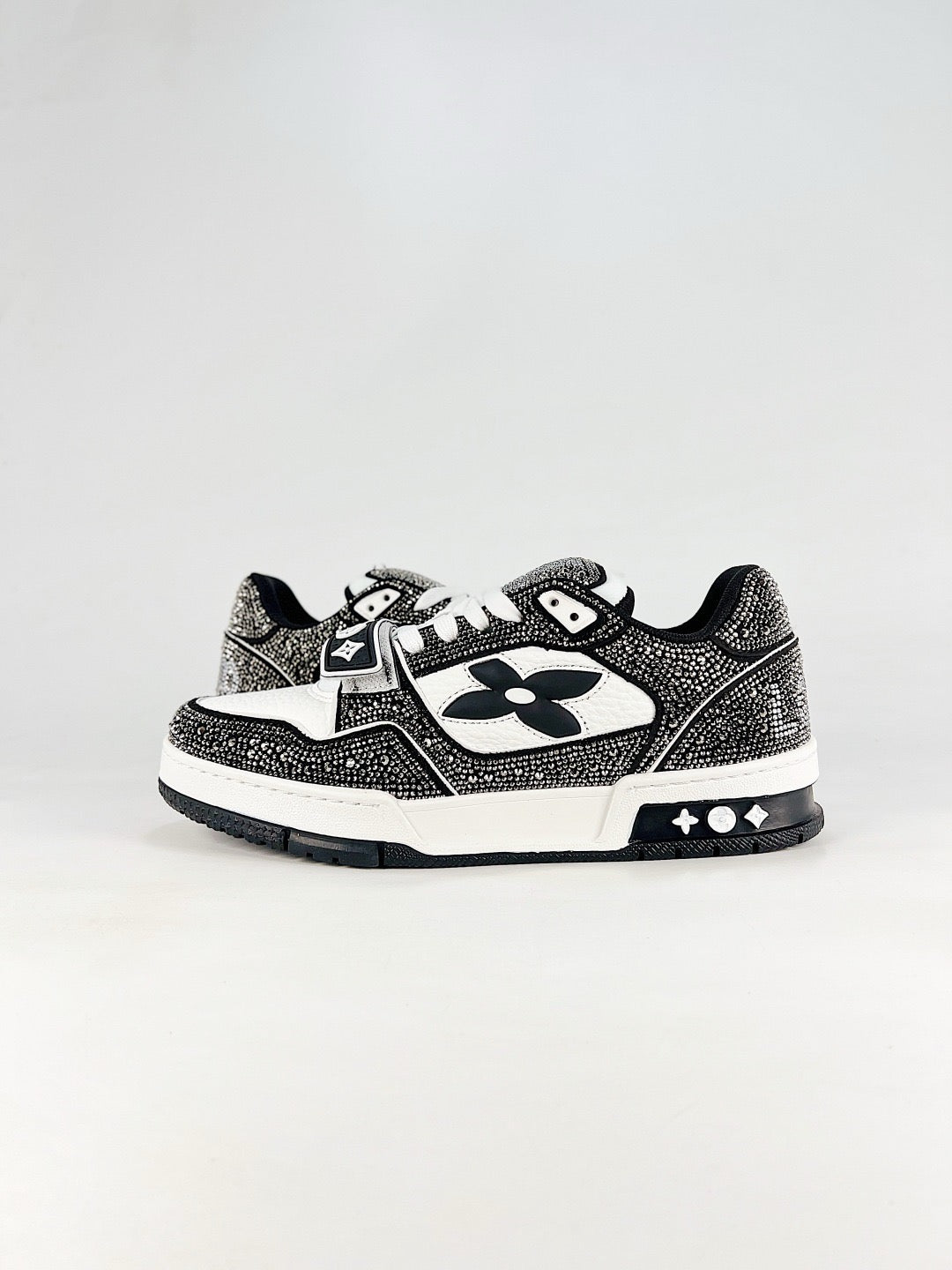 LV Skate Sneaker  Crystal Embellished Casual Shoes Unisex Black and White Full Diamond Style