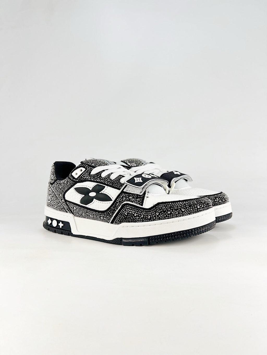 LV Skate Sneaker  Crystal Embellished Casual Shoes Unisex Black and White Full Diamond Style