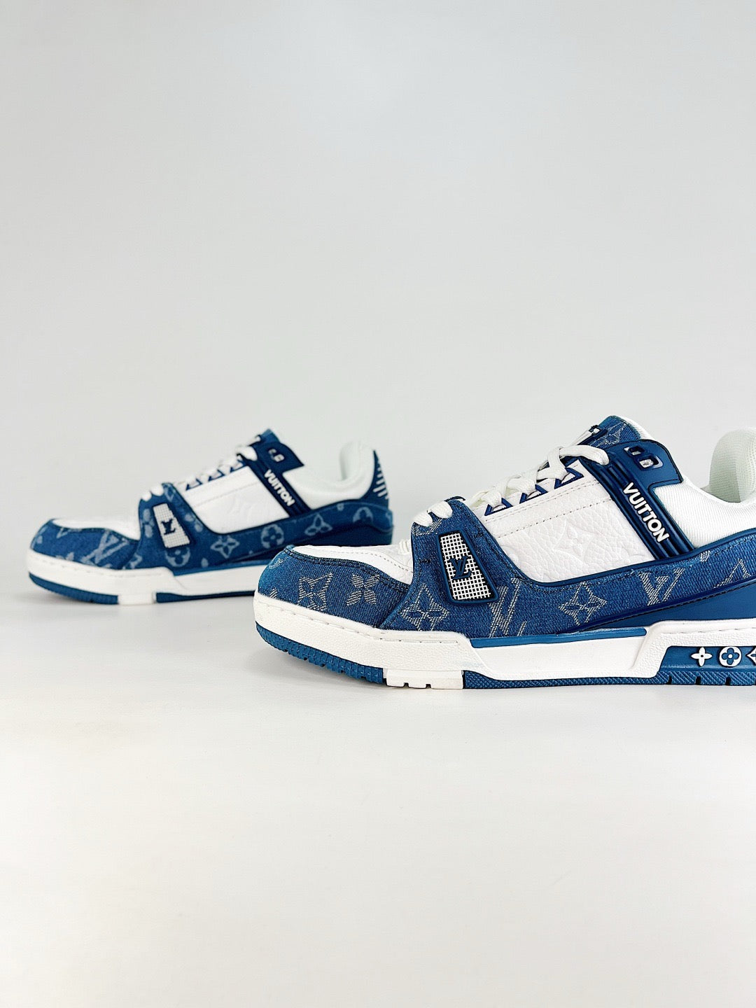 LV Skate Sneaker  Crystal Embellished Casual Shoes Unisex Blue and White Denim Old Floral Pattern