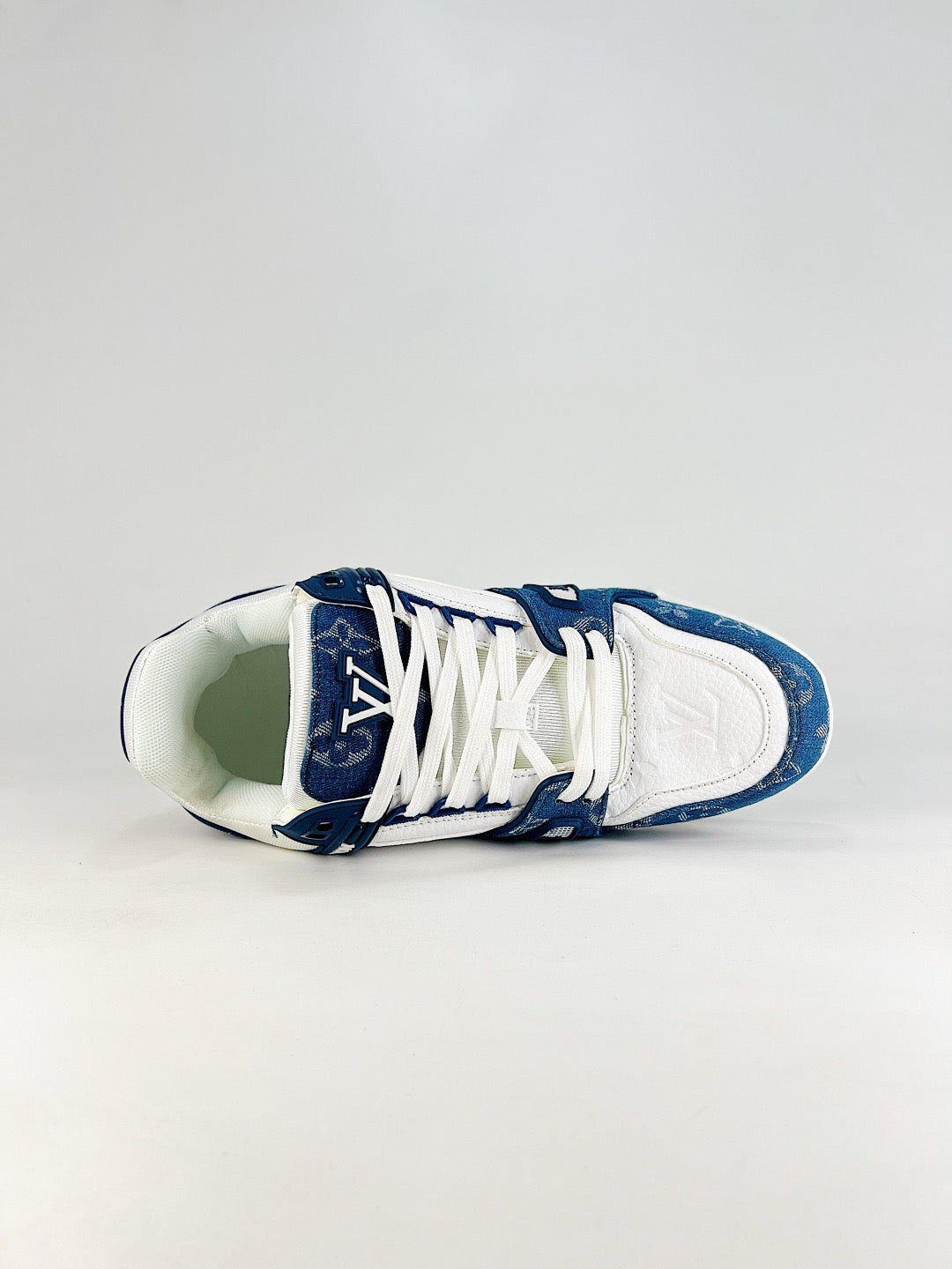 LV Skate Sneaker  Crystal Embellished Casual Shoes Unisex Blue and White Denim Old Floral Pattern
