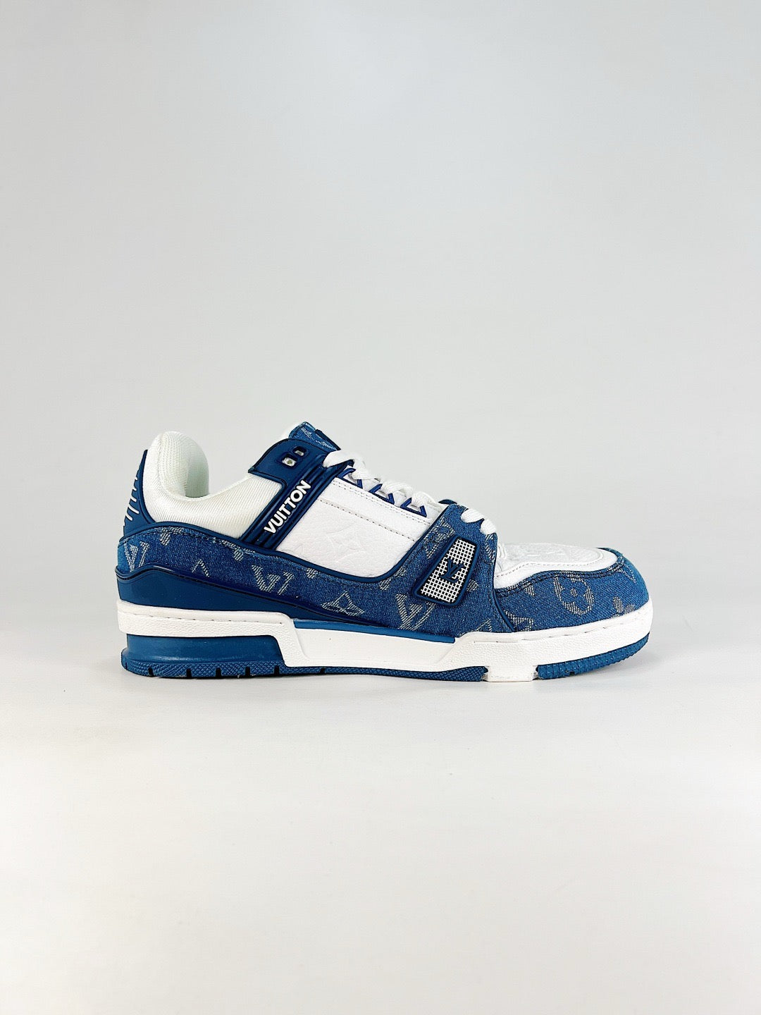LV Skate Sneaker  Crystal Embellished Casual Shoes Unisex Blue and White Denim Old Floral Pattern