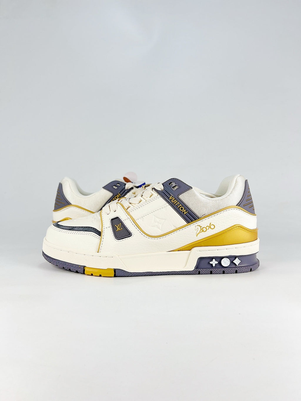LV Skate Sneaker  Crystal Embellished Casual Shoes Unisex Beige, white, purple and yellow color-blocking style