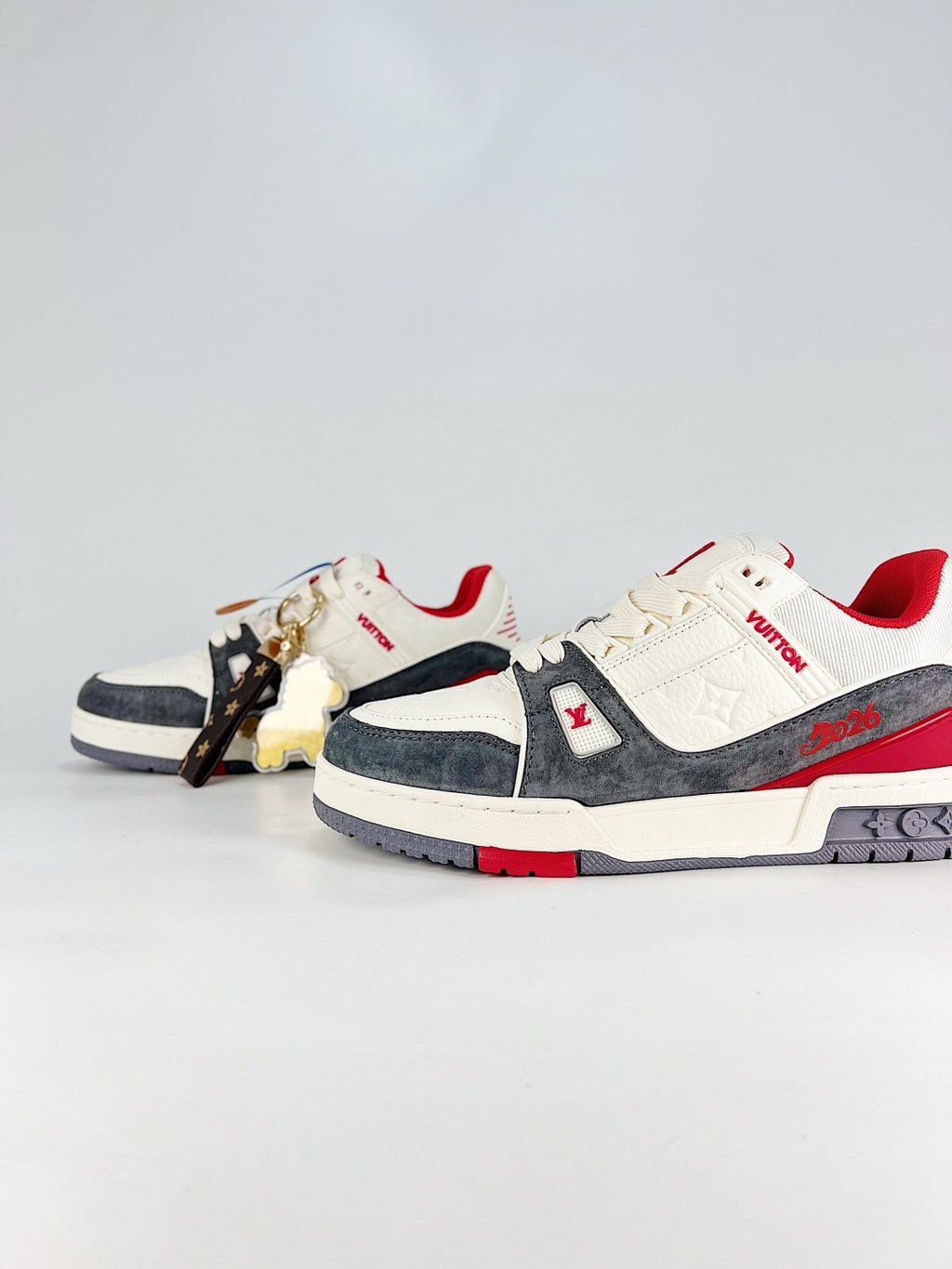 LV Skate Sneaker  Crystal Embellished Casual Shoes Unisex Beige, white, gray and red color-blocking style