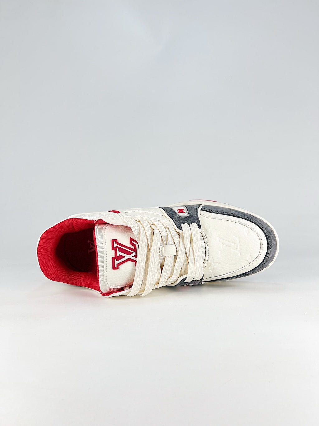 LV Skate Sneaker  Crystal Embellished Casual Shoes Unisex Beige, white, gray and red color-blocking style