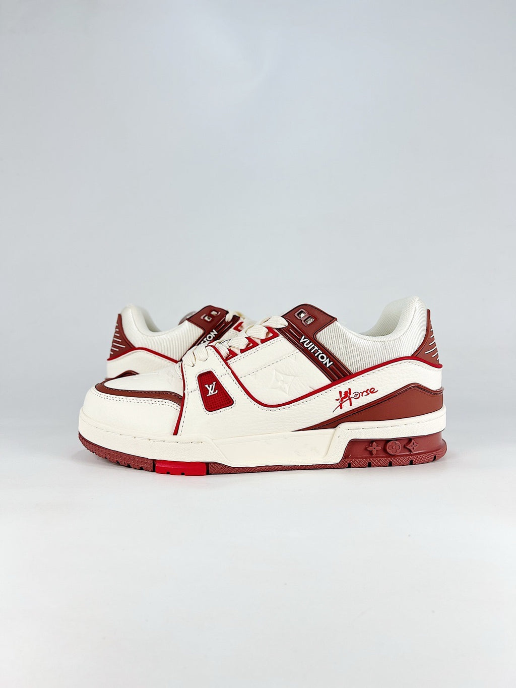 LV Skate Sneaker  Crystal Embellished Casual Shoes Unisex Beige, white, red and brown color-blocking style