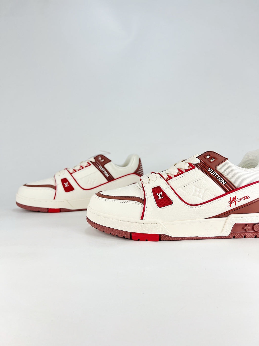 LV Skate Sneaker  Crystal Embellished Casual Shoes Unisex Beige, white, red and brown color-blocking style