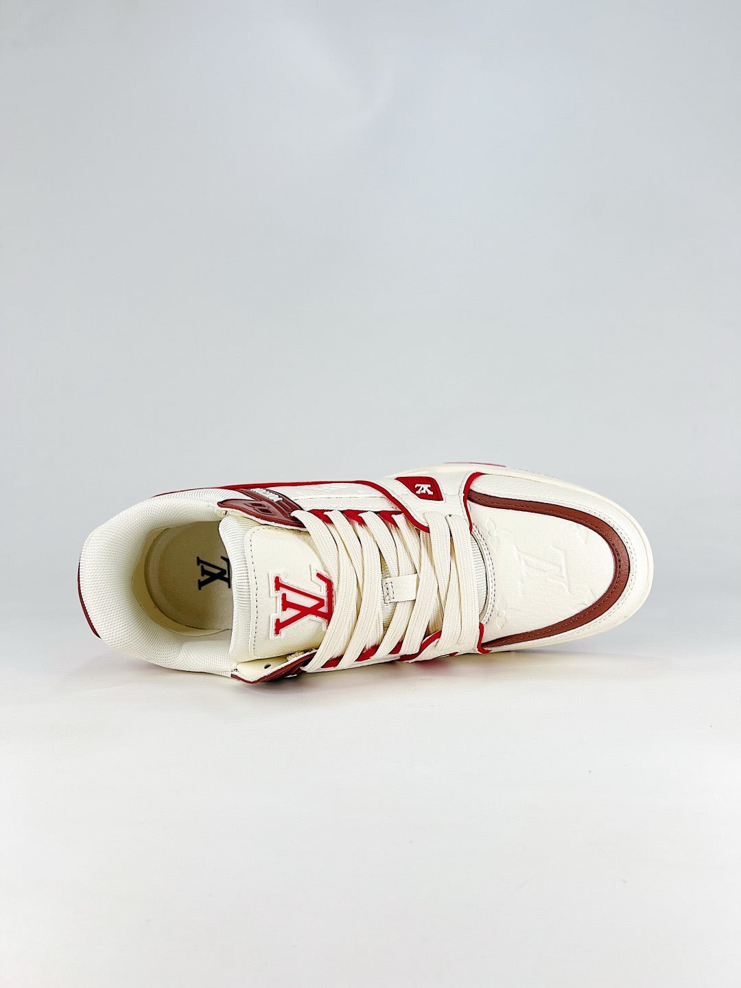 LV Skate Sneaker  Crystal Embellished Casual Shoes Unisex Beige, white, red and brown color-blocking style