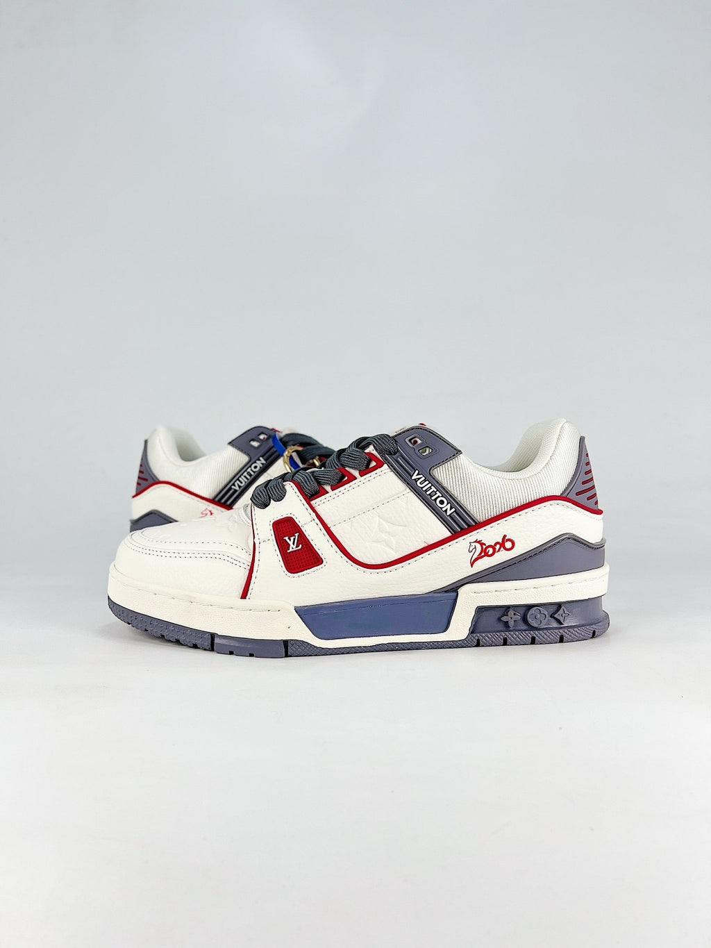 LV Skate Sneaker  Crystal Embellished Casual Shoes Unisex Beige, white, red and gray color-blocking style