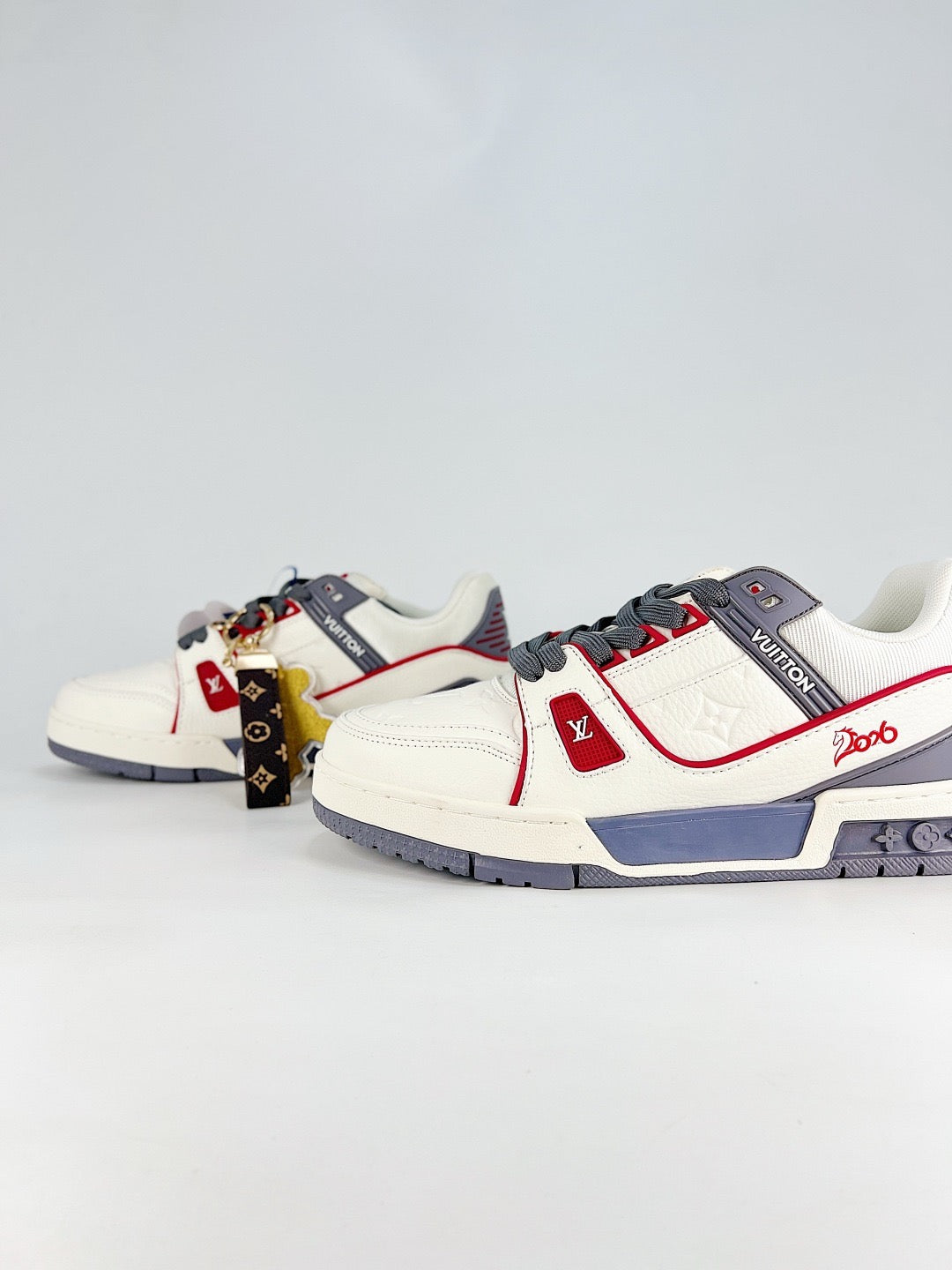 LV Skate Sneaker  Crystal Embellished Casual Shoes Unisex Beige, white, red and gray color-blocking style