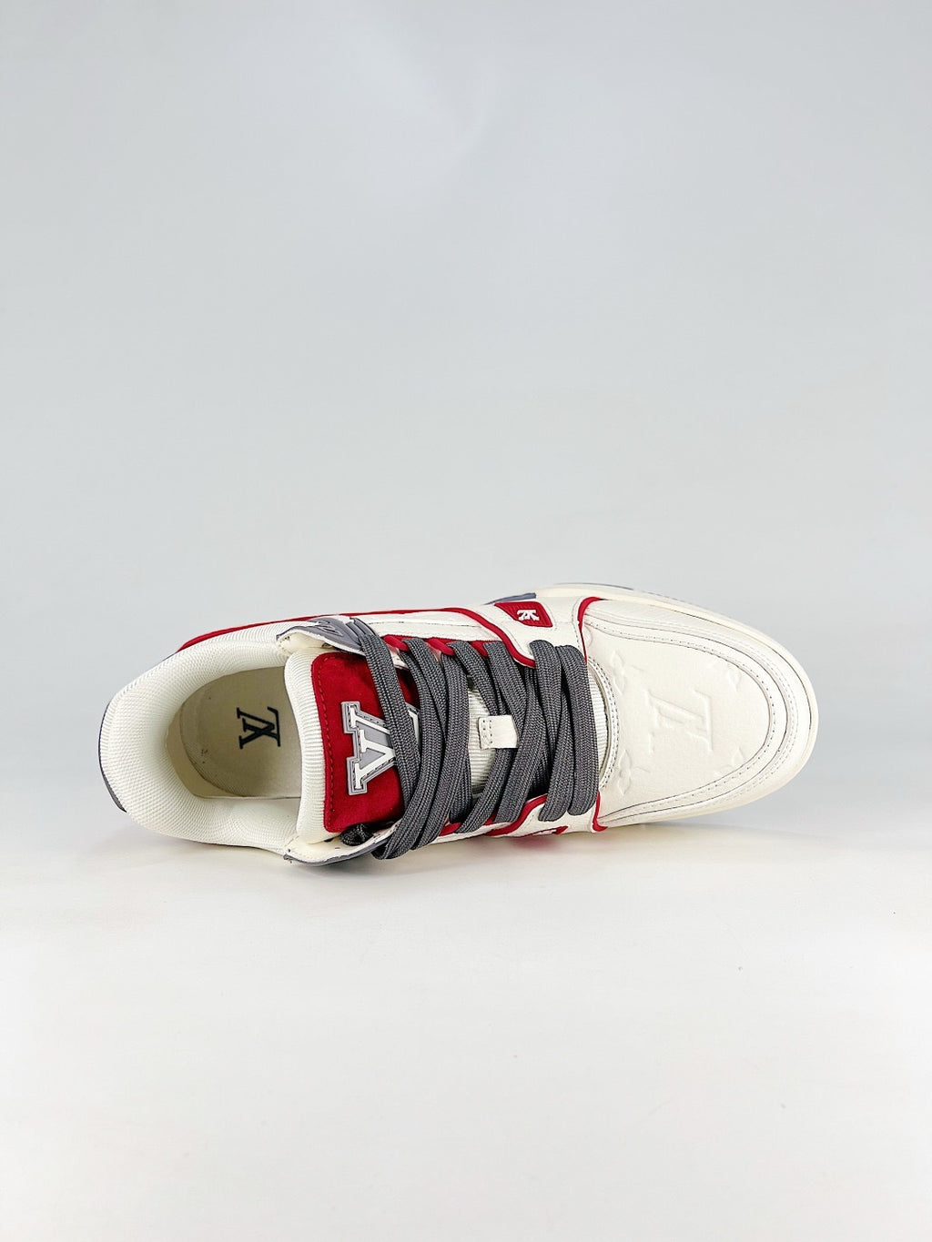 LV Skate Sneaker  Crystal Embellished Casual Shoes Unisex Beige, white, red and gray color-blocking style