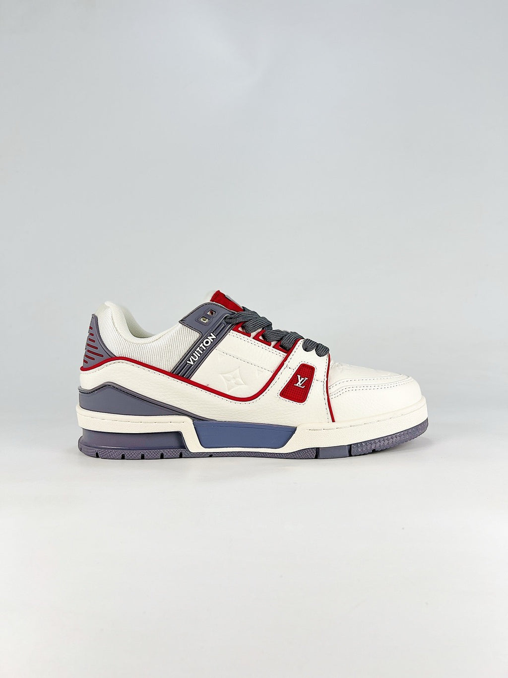 LV Skate Sneaker  Crystal Embellished Casual Shoes Unisex Beige, white, red and gray color-blocking style
