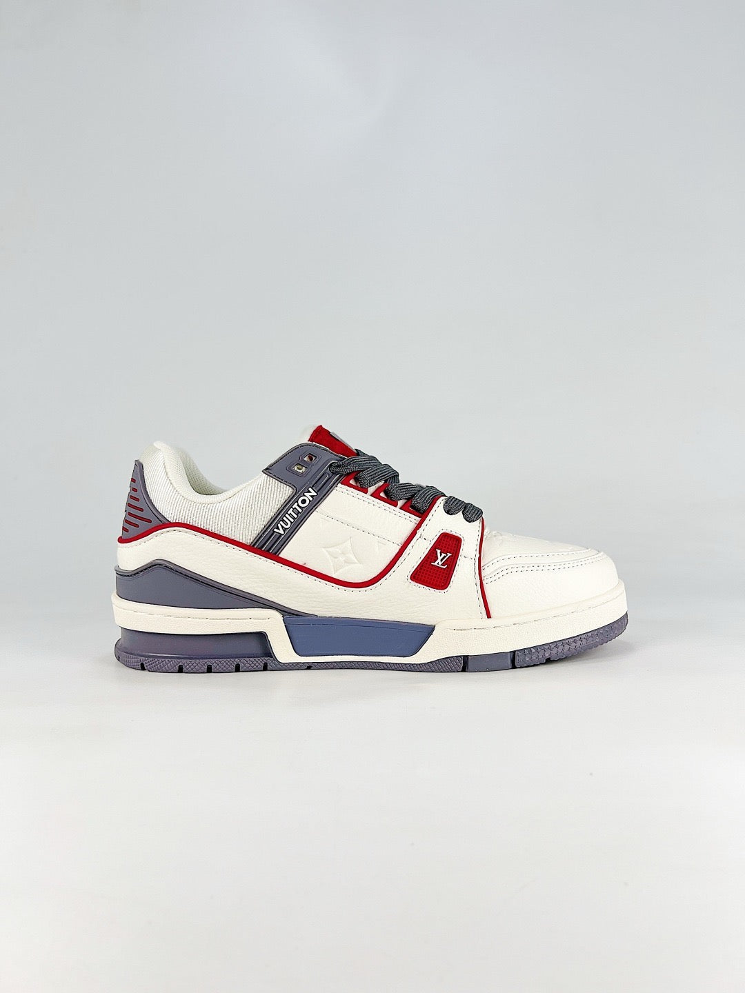LV Skate Sneaker  Crystal Embellished Casual Shoes Unisex Beige, white, red and gray color-blocking style