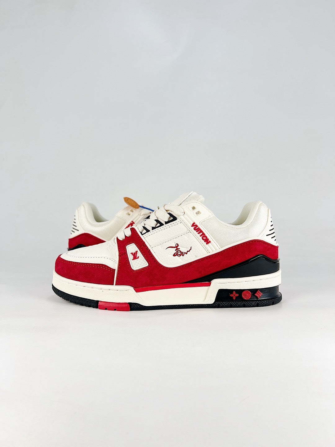 LV Skate Sneaker  Crystal Embellished Casual Shoes Unisex White and Red Suede Patchwork Style