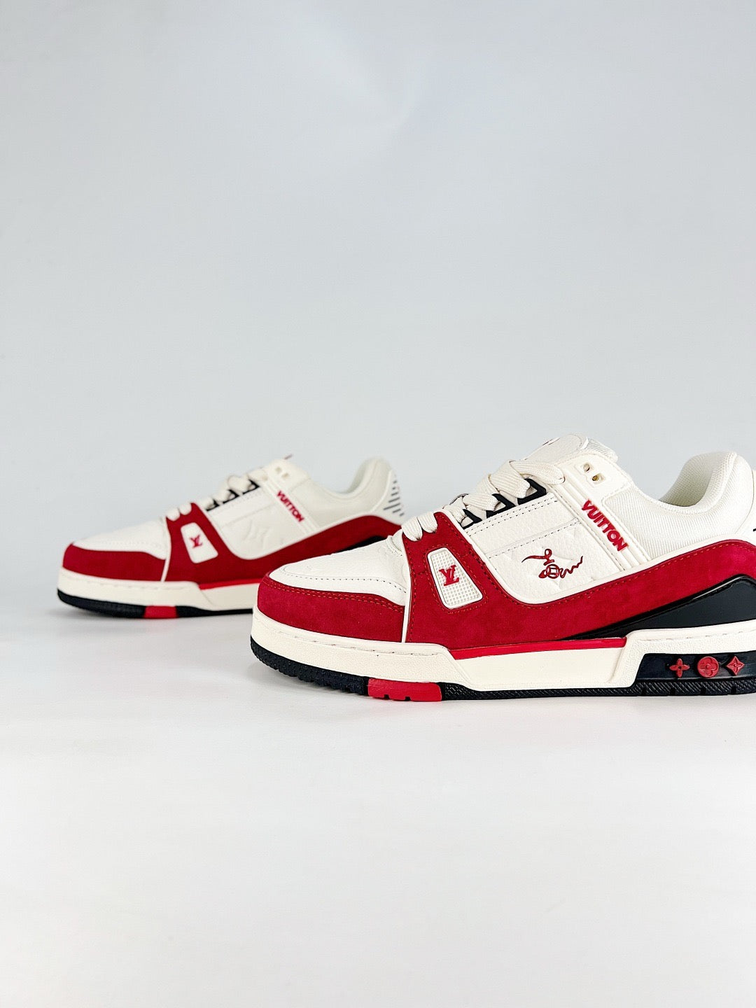 LV Skate Sneaker  Crystal Embellished Casual Shoes Unisex White and Red Suede Patchwork Style