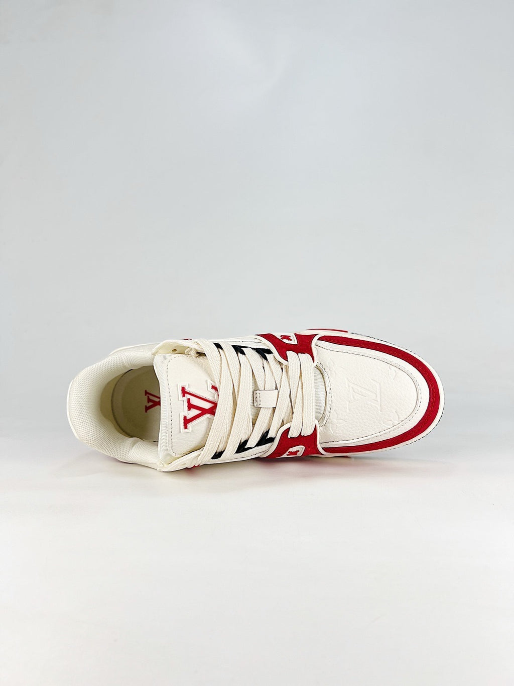 LV Skate Sneaker  Crystal Embellished Casual Shoes Unisex White and Red Suede Patchwork Style