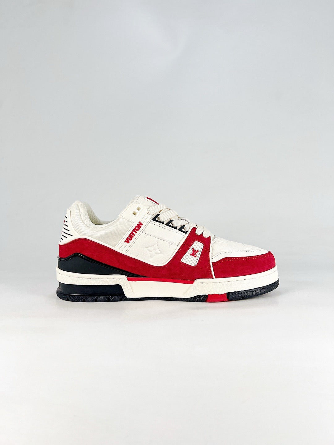 LV Skate Sneaker  Crystal Embellished Casual Shoes Unisex White and Red Suede Patchwork Style