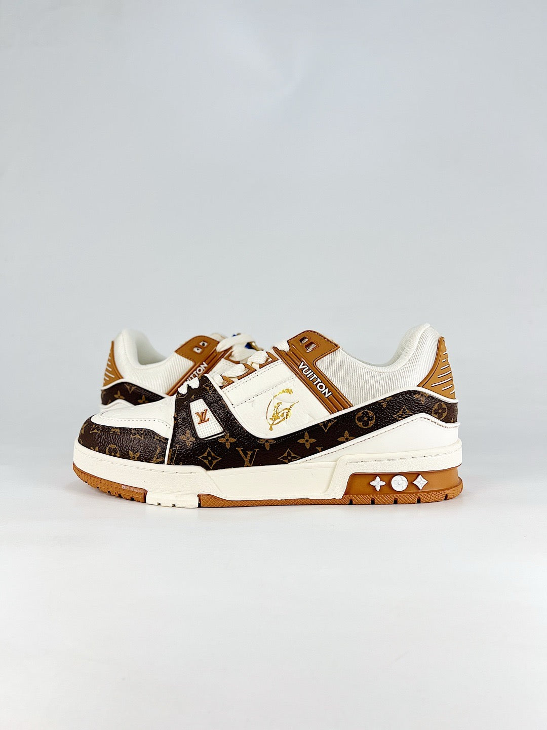 LV Skate Sneaker  Crystal Embellished Casual Shoes Unisex Old floral brown and white