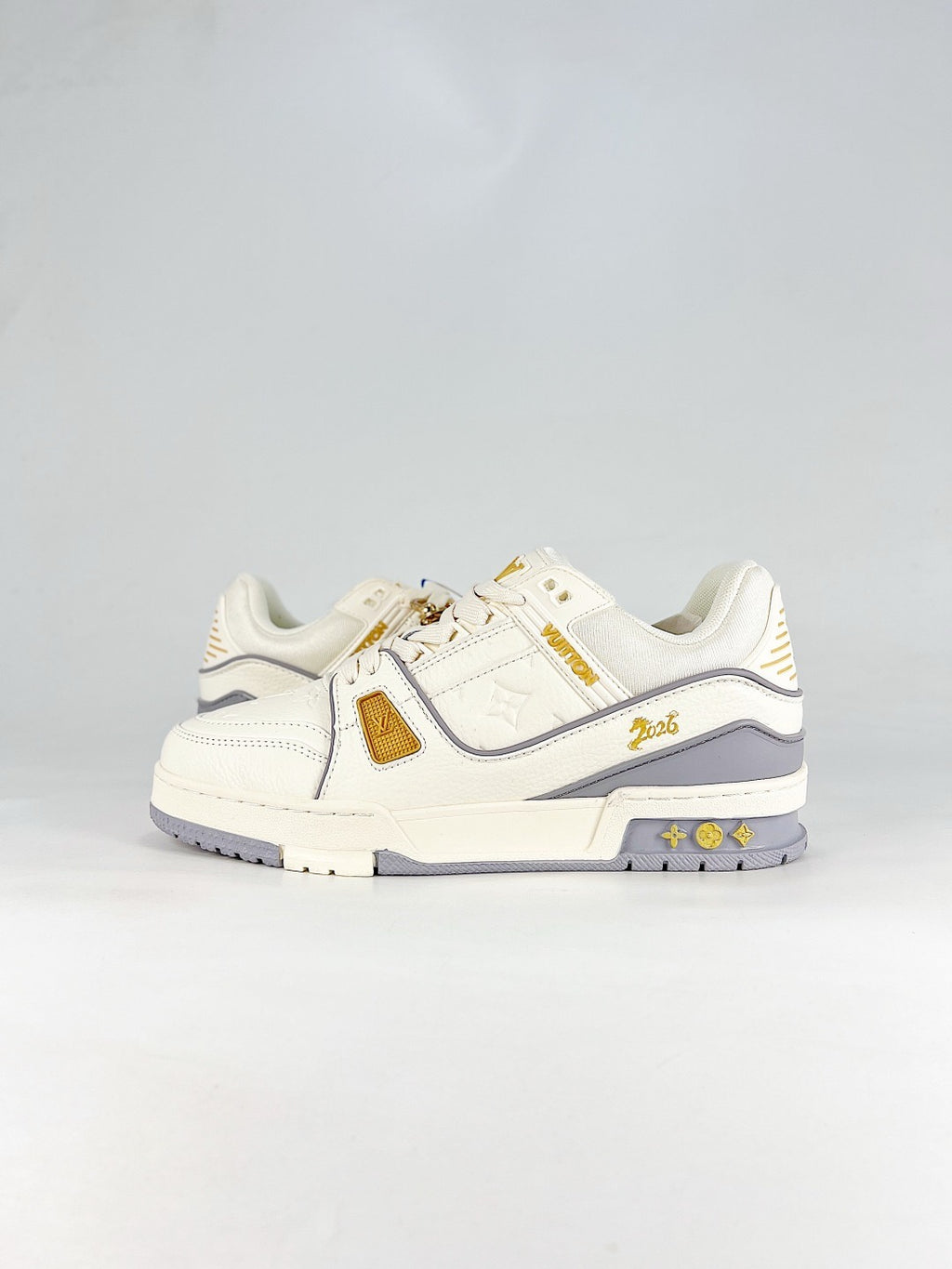 LV Skate Sneaker  Crystal Embellished Casual Shoes Unisex Beige, white, gold and gray
