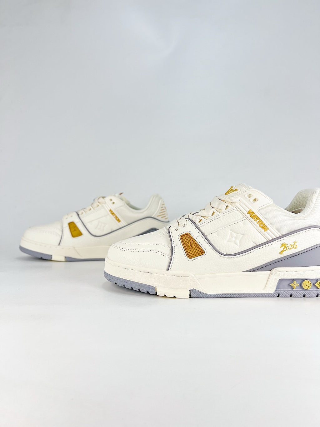 LV Skate Sneaker  Crystal Embellished Casual Shoes Unisex Beige, white, gold and gray