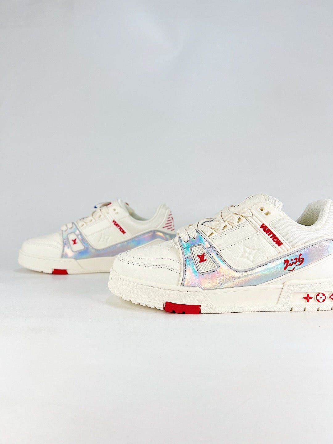 LV Skate Sneaker  Crystal Embellished Casual Shoes Unisex Rice White Colorful Laser Patchwork Style