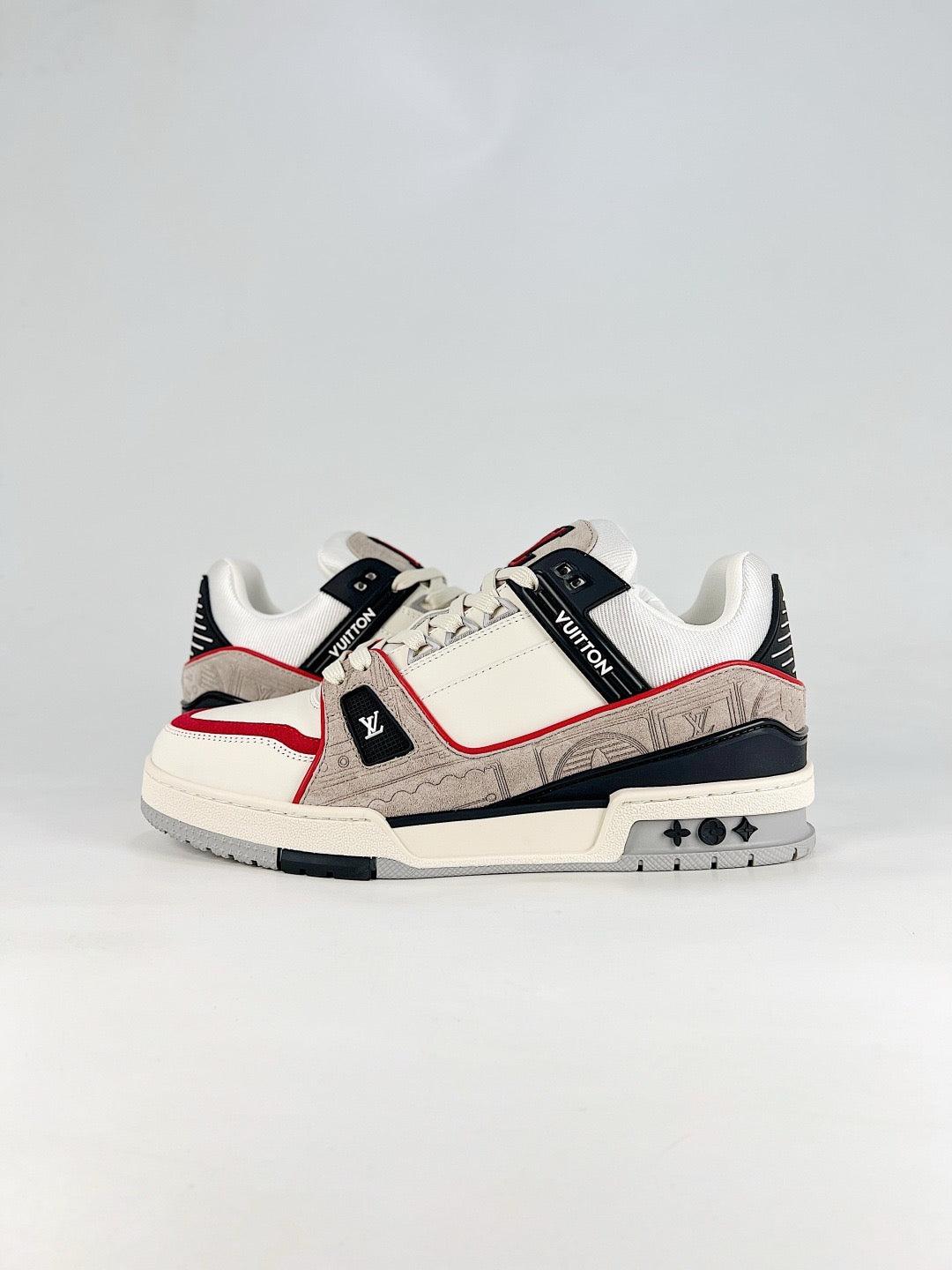 LV Skate Sneaker  Crystal Embellished Casual Shoes Unisex Rice White, Black, Red Retro Relief Color-Block Style