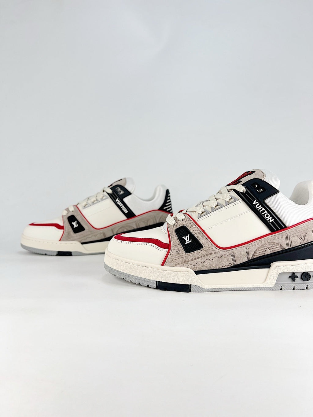 LV Skate Sneaker  Crystal Embellished Casual Shoes Unisex Rice White, Black, Red Retro Relief Color-Block Style
