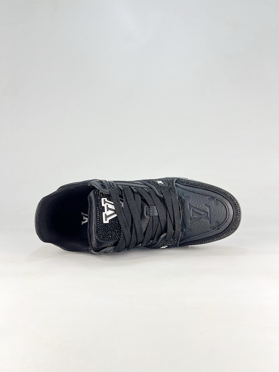 LV Trainer All Black Rhinestone Embossed Monogram Sneakers Streetwear Leather Trainers Unisex
