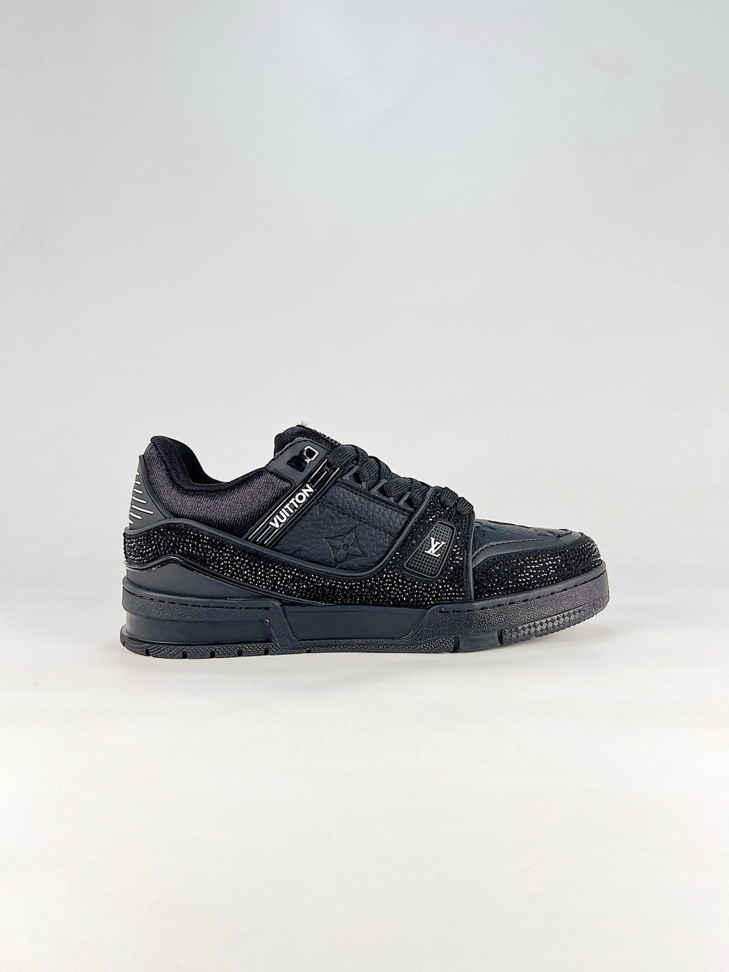 LV Trainer All Black Rhinestone Embossed Monogram Sneakers Streetwear Leather Trainers Unisex