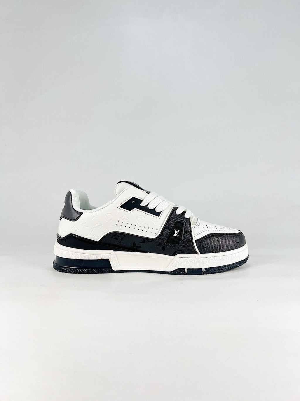 LV Skate Sneaker  Crystal Embellished Casual Shoes Unisex Black and white monogram patchwork