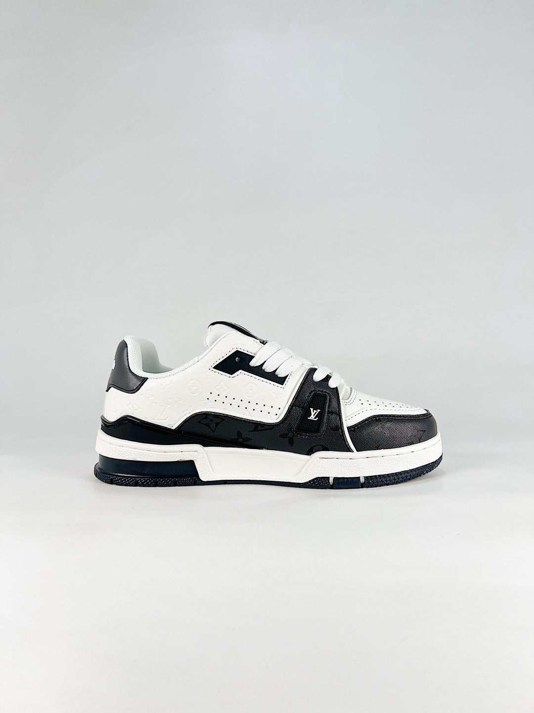 LV Skate Sneaker  Crystal Embellished Casual Shoes Unisex Black and white monogram patchwork