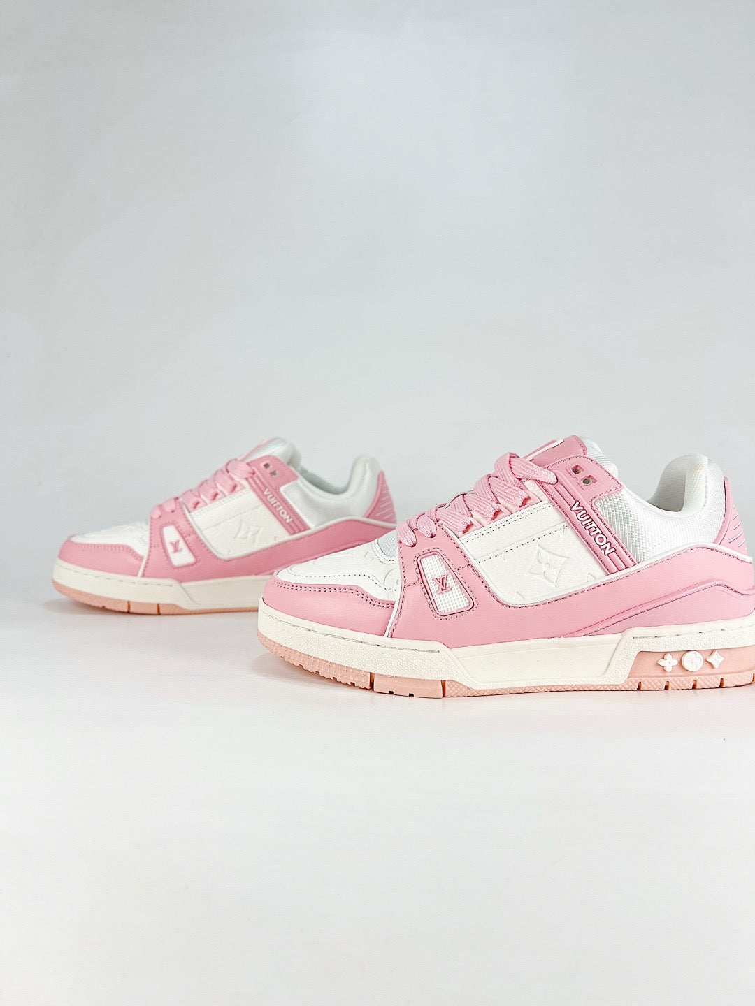 LV Skate Sneaker  Crystal Embellished Casual Shoes Unisex Pink and white color block