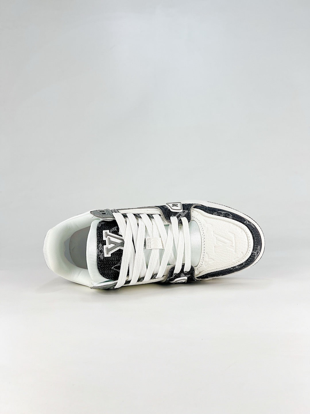 LV Skate Sneaker  Crystal Embellished Casual Shoes Unisex Black and white monogram fabric patchwork