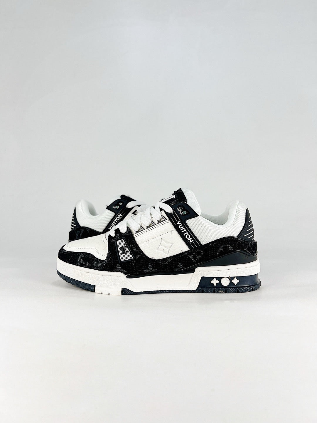 LV Skate Sneaker  Crystal Embellished Casual Shoes Unisex Black and white monogram fabric patchwork