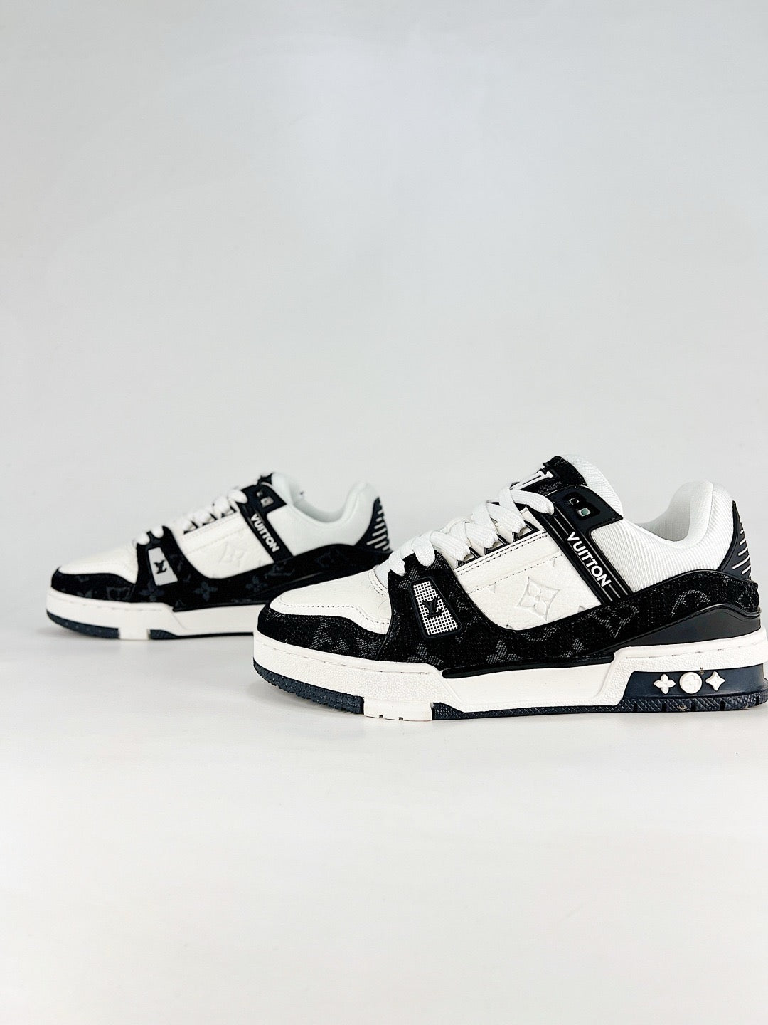 LV Skate Sneaker  Crystal Embellished Casual Shoes Unisex Black and white monogram fabric patchwork