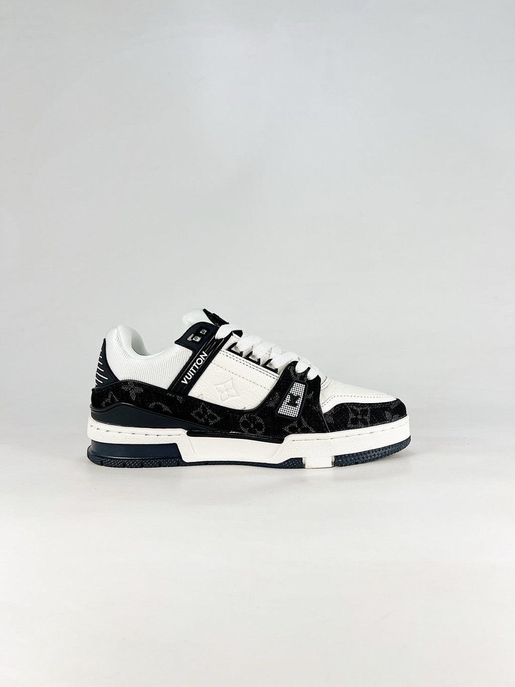 LV Skate Sneaker  Crystal Embellished Casual Shoes Unisex Black and white monogram fabric patchwork