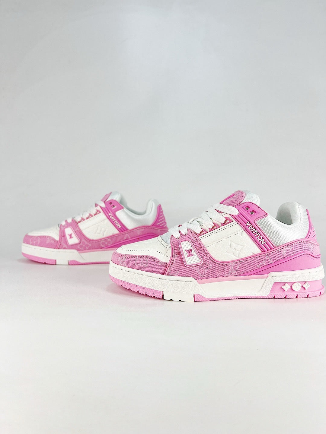LV Skate Sneaker  Crystal Embellished Casual Shoes Unisex Pink and white denim monogram patchwork