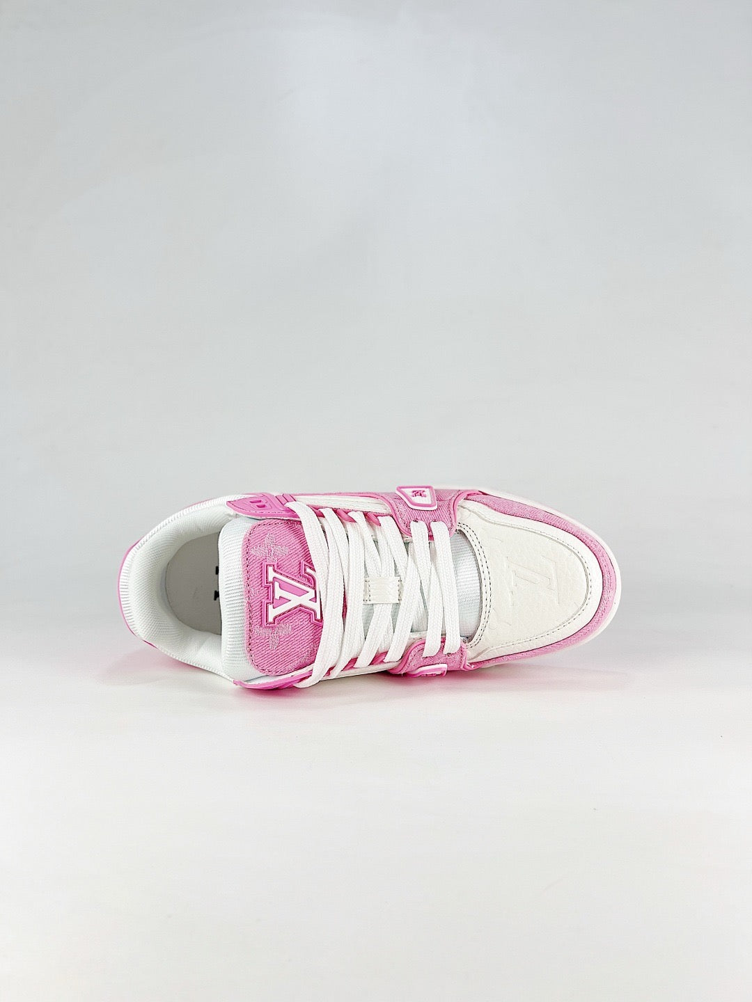 LV Skate Sneaker  Crystal Embellished Casual Shoes Unisex Pink and white denim monogram patchwork